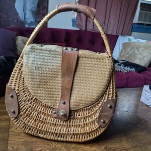 70's Vintage Basket Bag With Leather Accents